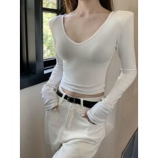 批发260克人棉<b class='q'>莫代尔</b>】2024新款春秋款辣妹v领长袖<b class='q'>T</b><b class='q'>恤</b>上衣女内搭修身