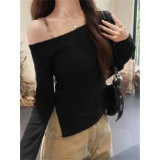 批发【2*2 260克人棉<b class='q'>莫代尔</b>】纯欲开叉露肩长袖<b class='q'>t</b><b class='q'>恤</b>辣妹显瘦内搭上衣女