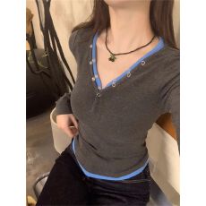 批发【1*1<b class='q'>莫代尔</b>260克】撞色假两件V领长袖<b class='q'>t</b><b class='q'>恤</b>女独特别致辣妹修身上衣