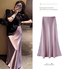 批发醋酸缎面布高腰<b class='q'>显瘦</b>高级感半身裙女2025秋季垂感中长款包臀A字裙