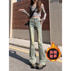 批发【非实拍】加绒复古微喇<b class='q'>牛仔裤</b>女宽松<b class='q'>弹力</b>时尚直筒裤阔腿长裤