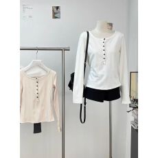 批发秋季单排扣长袖<b class='q'>T</b><b class='q'>恤</b>打底衫修身V领内搭外穿百搭正肩上衣