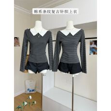 批发原版面料韩系假两件长袖<b class='q'>t</b><b class='q'>恤</b>女秋条纹修身显瘦打底衫内搭辣妹上衣
