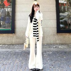 批发套装女2025秋季韩系高级感长袖针织毛衣上衣条纹披肩阔腿裤三件套