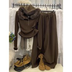 批发韩版新款时尚<b class='q'>气质</b>连帽毛领长袖卫衣外套搭高腰显瘦阔腿裤两件套女