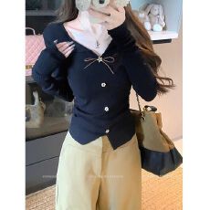 原版品质纯欲风蝴蝶结V领长袖T恤女秋季修身显瘦气质百搭上衣