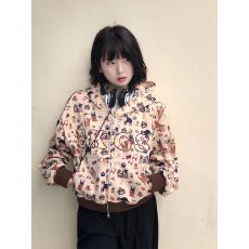 批发美式复古狗狗满印耳朵连帽<b class='q'>卫衣</b>女秋季宽松休闲<b class='q'>开衫</b>短款外套