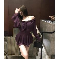 批发紫色一字领长袖雪纺<b class='q'>衬衫</b>短裙法式<b class='q'>气质</b>收腰连衣裙<b class='q'>衬衣</b>设计感露上衣