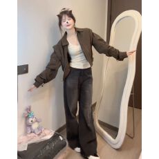 批发美拉德穿搭棕色短款夹克<b class='q'>外套</b>女秋季复古辣妹开衫百搭<b class='q'>棒球</b>服上衣潮