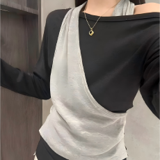 批发1×1德绒螺纹】韩辣不规则<b class='q'>背心</b>时尚女2026秋长袖打底衫叠穿假两件