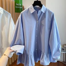 批发原版做工】独特别致荷叶边下摆长袖衬衣女春夏秋新款宽松防晒衬衫