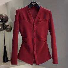 批发红色褶皱收腰V领打底开衫女2026秋<b class='q'>冬</b>新款高级感时尚气质好看上衣