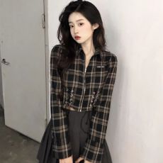 批发原版做工】法式复古格子长袖<b class='q'>衬衫</b>设计感小众绑带修身高腰短款上衣