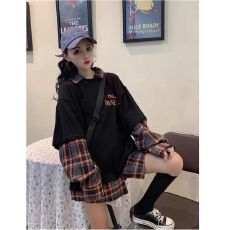 批发2026韩系长袖格子宽松大码假两件polo领上衣字母<b class='q'>印花</b>时尚卫衣<b class='q'>衬衫</b>