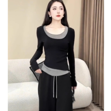 批发40支酷丝爽棉】百搭<b class='q'>套装</b>女春秋假两件长袖T恤宽松阔腿长<b class='q'>裤</b>两件套