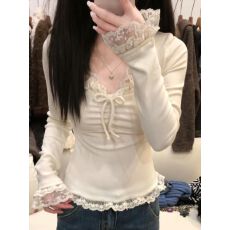 批发【官图 随心裁莫代尔260克1*1】法式蝴蝶结蕾丝v领打底衫<b class='q'>女</b>秋冬