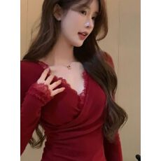 批发【官图 随心裁莫代尔260克1*1】辣妹交叉v领蕾丝拼接打底衫<b class='q'>女</b>装