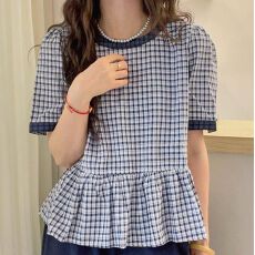 批发80棉20涤格子布 】休闲绝美撞色格子圆领短袖<b class='q'>衬衫</b>女<b class='q'>夏季</b>别致上衣