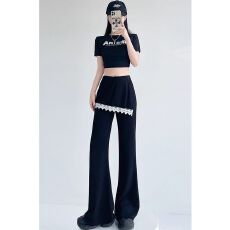 批发蕾丝边拼接开叉屁帘假两件微喇叭裤女2026夏季显瘦休闲通勤百搭裤