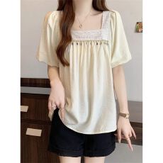 批发法式复古正肩雪纺短袖T恤女夏季大码胖MM遮肚子显瘦宽松上衣小衫