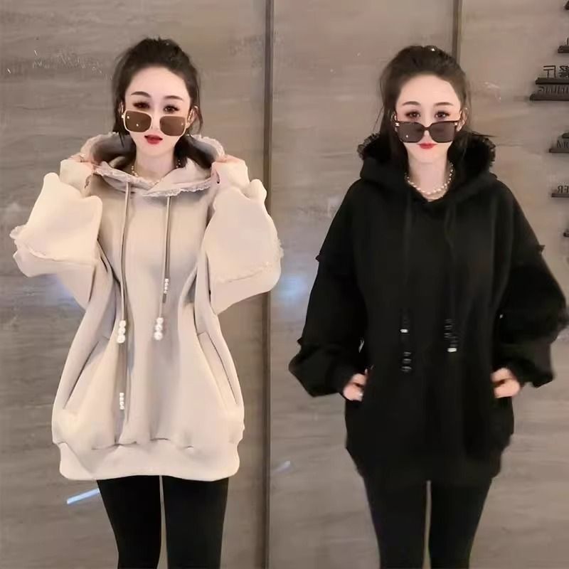 원본 솜씨 2026 년 새로운 후드 두꺼운 후드티 한국 스타일 루즈핏 고급 날다 측면 여성 레저 대 셔츠 트렌디