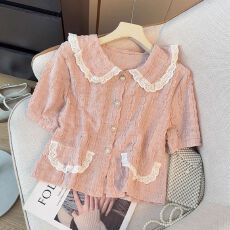 批发大码女装法式遮肚子娃娃领小众衬衫女夏季胖妹妹宽松显瘦短袖上衣