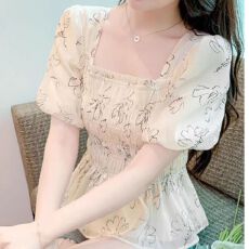 批发原版做工】夏季短袖法式百搭方领碎花雪纺泡泡袖气质时尚收腰甜美