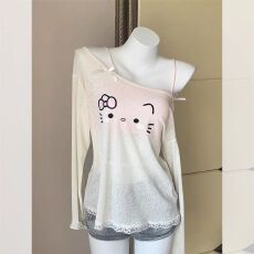 官图 天丝罗纹110克蝴蝶结斜肩印花长袖T恤女防晒罩衫上衣