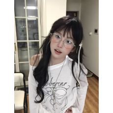 官图 天丝罗纹110克蝴蝶结印花斜肩防晒长袖罩衫t恤女上衣