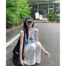 批发【原版做法】韩系纯欲风蓝色波点蝴蝶结挂脖背心女夏季