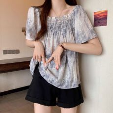 批发原版面料】法式方领扎染短袖衬衫女夏<b class='q'>大码</b>胖mm遮肚娃娃衫独特上衣