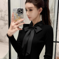 批发黑色立领蝴蝶结修身长袖T恤女秋<b class='q'>冬</b>穿搭韩系短款独特漂亮辣妹上衣