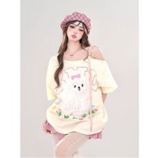 索罗那韩系卡通短袖T恤女夏季甜辣穿搭今年流行款宽松露肩上衣