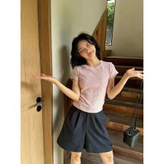 韩系圆领肌理感正肩短袖T恤女2026夏季新款修身显瘦百搭短款上衣