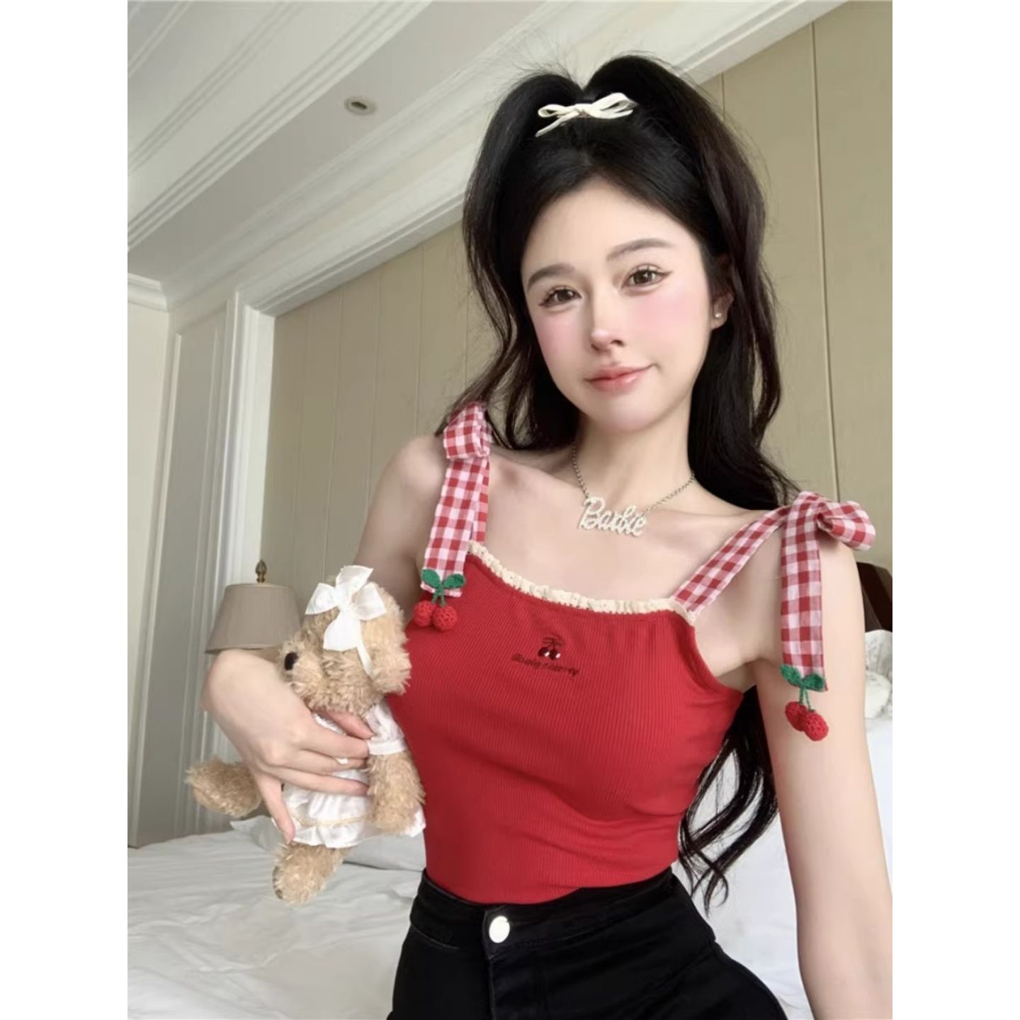 경관 그림 와 사고 방식 모달 260 그램 1 1 레이스 레이스 체크무늬 스트랩 민소매 조끼 외출용