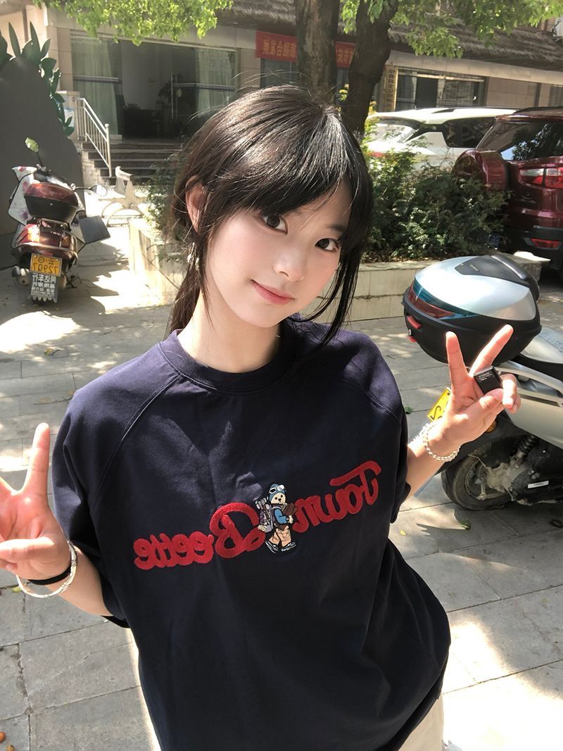 정가 자수 순면 220 그램 빗질하다 닫기 반팔 티셔츠 여성