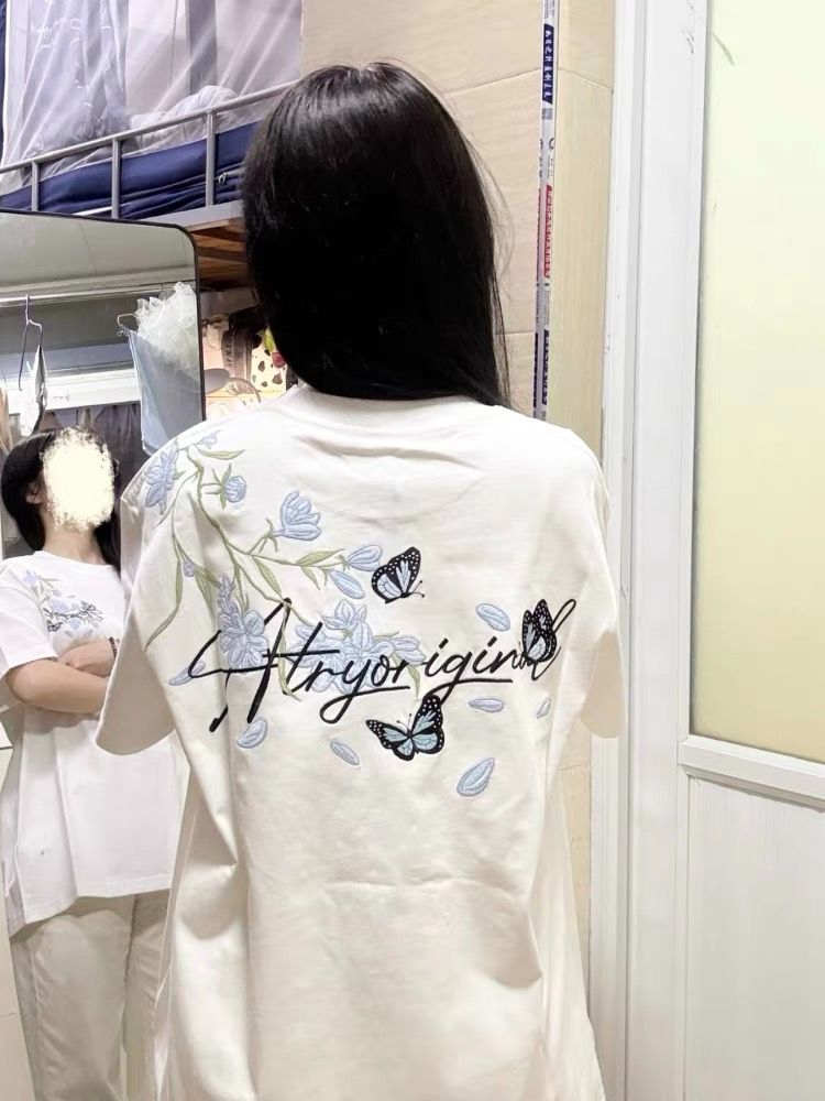 정가 자수 순면 220 그램 빗질하다 닫기 반팔 티셔츠 여성