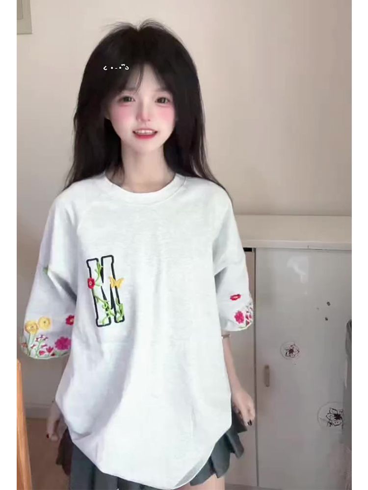 정가 자수 순면 220 그램 빗질하다 닫기 반팔 티셔츠 여성