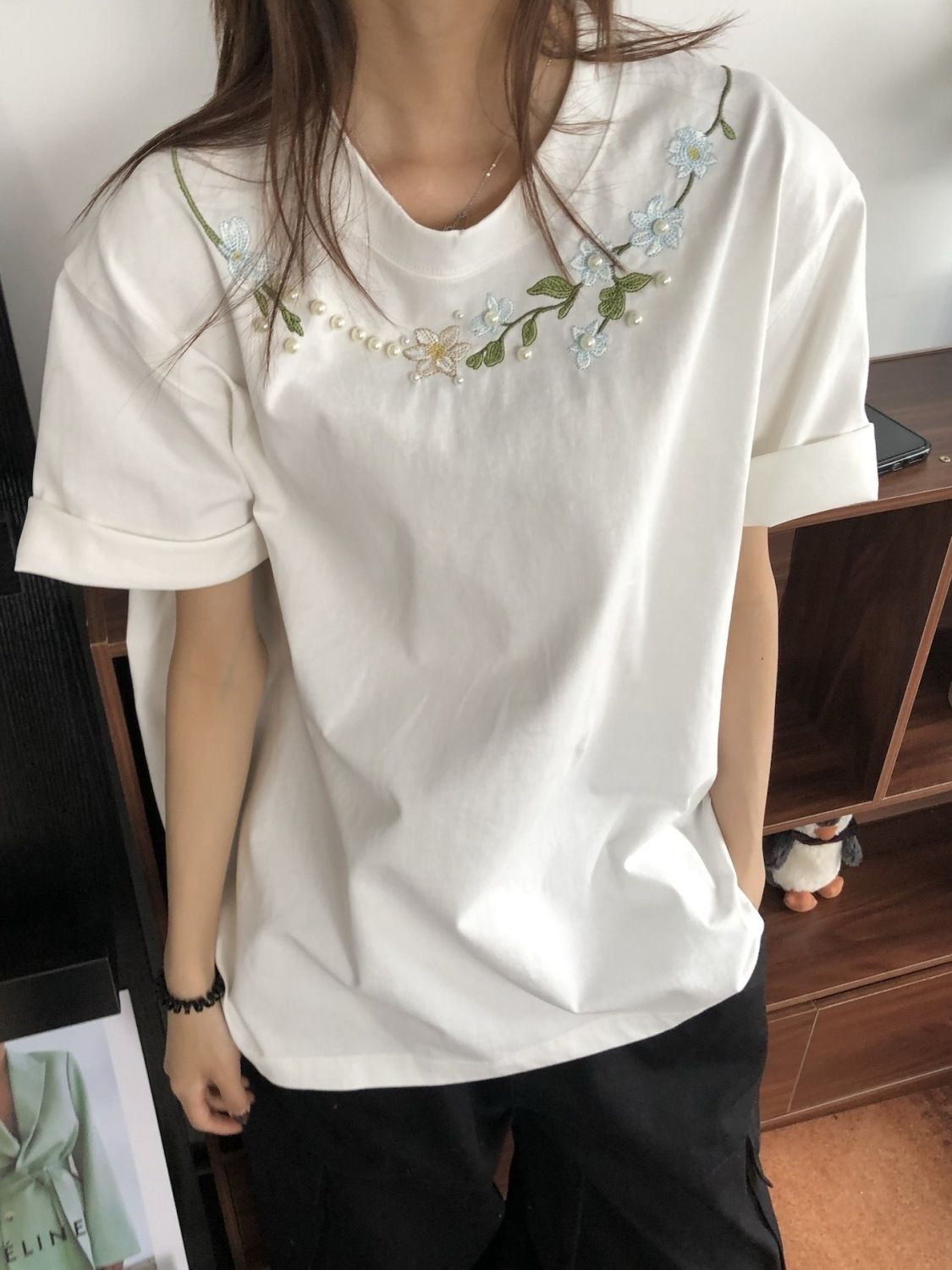 정가 자수 비즈 박기 두 바늘 순면 220 그램 빗질하다 닫기 반팔 티셔츠 여성