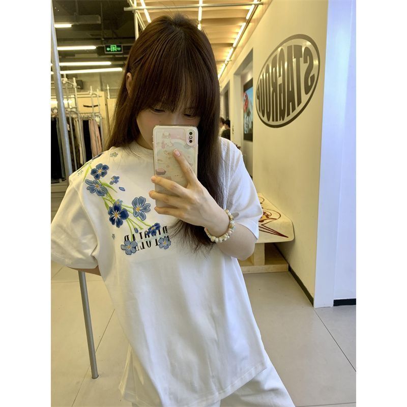 정가 자수 두 바늘 순면 220 그램 빗질하다 닫기 반팔 티셔츠 여성