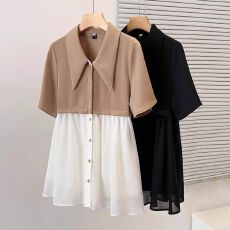 批发原版做工】拼接<b class='q'>短袖</b><b class='q'>雪纺衫女</b>胖妹MM遮肚裙摆中长衬衫黑色显瘦上衣
