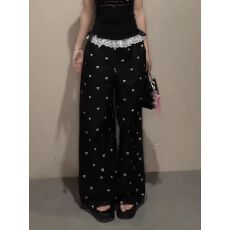 批发夏季新款高腰显瘦直筒阔腿裤女蕾丝拼接蝴蝶结休闲裤