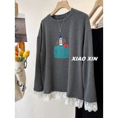 批发大码女装300斤 德绒<b class='q'>蕾丝</b>拼接磨毛卡通小熊长袖T恤女秋宽松打底衫