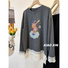 批发大码300斤 德绒<b class='q'>蕾丝</b>拼接磨毛卡通小熊长袖T恤女秋宽松显瘦打底衫