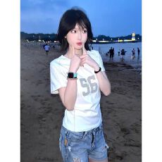 批发【官图40支纯棉罗纹210克1*1】美式辣妹V领数字印花<b class='q'>短袖</b>T恤夏季
