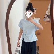 官图 莱雅210克1*1韩版正肩圆领短袖T恤夏微胖别致开叉上衣