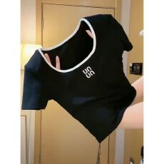 官图 莱雅210克1*1韩系镂空露背短袖T恤字母印花方领上衣潮