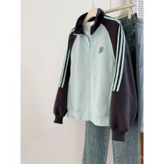 批发蓝色拼接插肩袖三条杠卫衣女2026年春新款韩版宽松慵懒风开衫外套