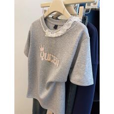 批发21支纯棉大码300斤 毛巾绣蕾丝拼接钉珠短袖t恤女美式打底衫