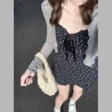 批发【高弹螺纹+防晒布】法式蓝色碎花吊带连衣裙女夏季小个子短裙